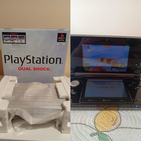 PS1 console boxed + original 3DS console (both partially faulty)