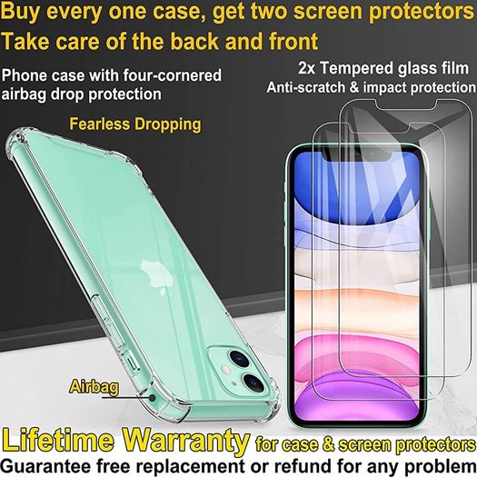 Case for iPhone 11 Case with [2-Pack Tempered Glass Screen Protectors], 6.1-Inch, Advanced Airbag Drop Protection, Shockproof Transparent Clear Bumper Phone Cover, Anti-Scratch (FREE POSTAGE)