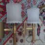 Antique French 20th century brass and 6 opaline glass Chandelier, plus two wall lights, 1970s Image 4