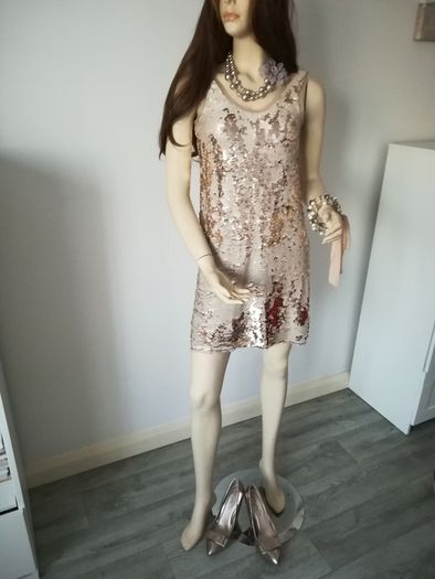 Gold Zara dress size S (10-12) with matching heels and jewellery