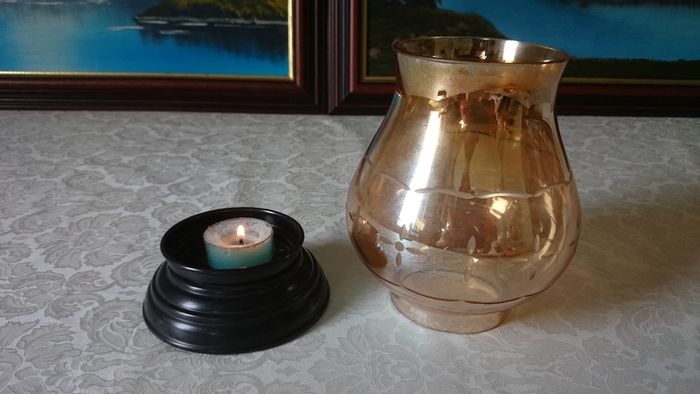 Vintage Etched Amber Glass Hurricane Lamp With Black Base Stand