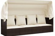 Outdoor Lounge Bed with Roof and Cushions Brown Poly Rattan