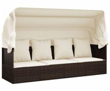 Outdoor Lounge Bed with Roof and Cushions Brown Poly Rattan