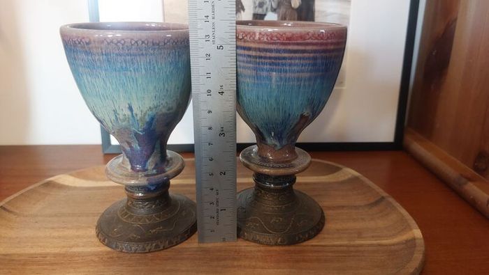 Wonderful Pair of Studio Art Pottery Goblets by Martin Branch Lyre Pottery, Cloncorban, Rossmore, Clonakilty, West Cork in a Fabulous Colourful Variegated Glaze. Pair Two