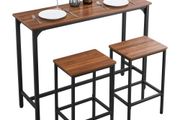 3PCS 1193.8mm Bars Tables Set, Bar Tables and Chair Set with Rounded Edge Design, Rectangular Pub Table with Two Stools for Office Desk, Breakfast Corner, Mini Bars, Rustic Brown