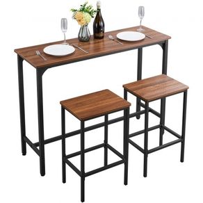 3PCS 1193.8mm Bars Tables Set, Bar Tables and Chair Set with Rounded Edge Design, Rectangular Pub Table with Two Stools for Office Desk, Breakfast Corner, Mini Bars, Rustic Brown