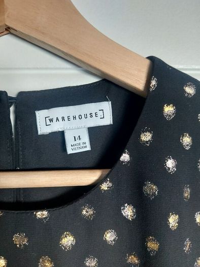 Warehouse dress, black with gold polka dots