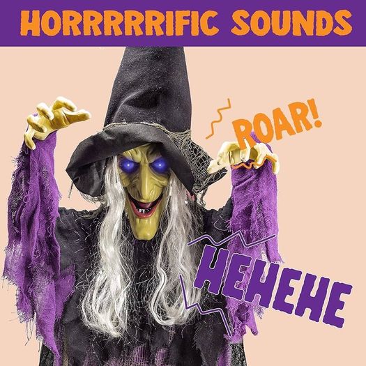 182.9 cm Hanging Animated Talking Witch Decoration (Blue) with Luminous Eyes and Sound Activation Function for Halloween Haunted House Props Decor, Halloween Hanging Decorations, Outdoor Indoor