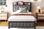 3ft Single Bed Frame With Storage Headboard, Upholstered Platform Bed Frame/Mattress Foundation/Metal Slat Support/No Box Spring Needed/Dark Grey bed frames single