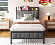 3ft Single Bed Frame With Storage Headboard, Upholstered Platform Bed Frame/Mattress Foundation/Metal Slat Support/No Box Spring Needed/Dark Grey bed frames single