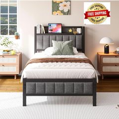3ft Single Bed Frame With Storage Headboard, Upholstered Platform Bed Frame/Mattress Foundation/Metal Slat Support/No Box Spring Needed/Dark Grey bed frames single