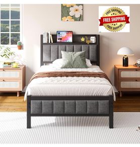 3ft Single Bed Frame With Storage Headboard, Upholstered Platform Bed Frame/Mattress Foundation/Metal Slat Support/No Box Spring Needed/Dark Grey bed frames single
