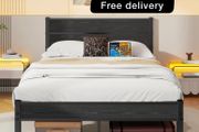 Double Bed Frame with Retro Wooden Headboard  Under-Bed Storage for Medium Bedrooms, Master/Guest Room, Couples, Heavy Duty Metal Frame 800 lbs, Noise-Free Sleep, Easy Assembly, Black Oak