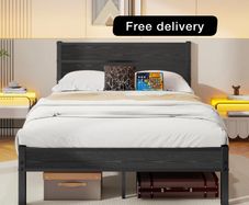 Double Bed Frame with Retro Wooden Headboard  Under-Bed Storage for Medium Bedrooms, Master/Guest Room, Couples, Heavy Duty Metal Frame 800 lbs, Noise-Free Sleep, Easy Assembly, Black Oak
