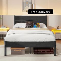 Double Bed Frame with Retro Wooden Headboard  Under-Bed Storage for Medium Bedrooms, Master/Guest Room, Couples, Heavy Duty Metal Frame 800 lbs, Noise-Free Sleep, Easy Assembly, Black Oak
