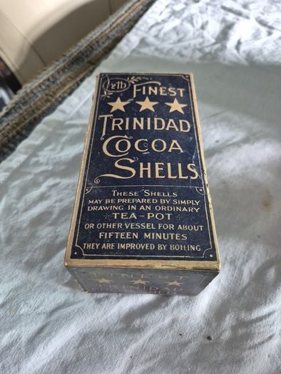Antique Vintage Trindad cocoa shells cardboard packaging with product