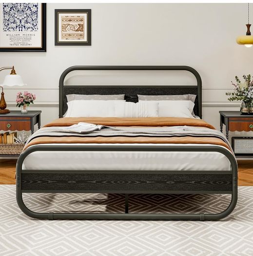 King Size Bed Frame Metal Platform Bed Frame with Wood Headboard