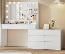 Dressing Table with Mirror and LED Lighting, Dressing Table 9 Bulbs, 8 Drawers, 3 Shelves, 3 Light Colours, Straight or L-shaped, Cloud White