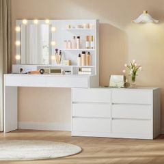 Dressing Table with Mirror and LED Lighting, Dressing Table 9 Bulbs, 8 Drawers, 3 Shelves, 3 Light Colours, Straight or L-shaped, Cloud White
