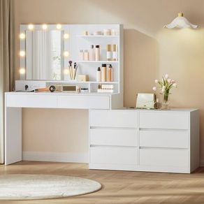 Dressing Table with Mirror and LED Lighting, Dressing Table 9 Bulbs, 8 Drawers, 3 Shelves, 3 Light Colours, Straight or L-shaped, Cloud White