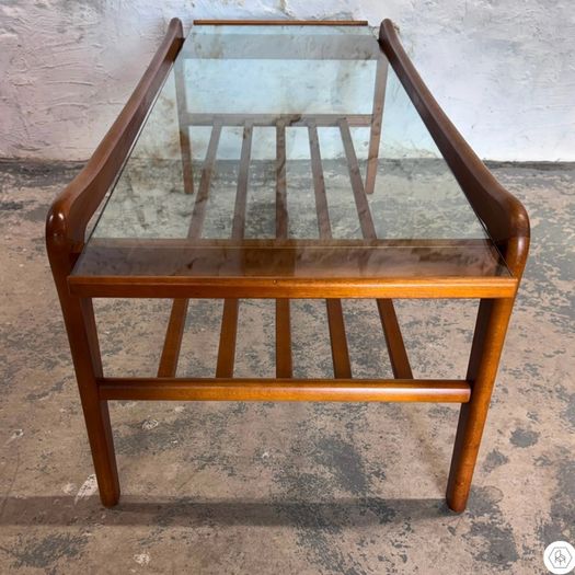 Solid Teak & Glazed Glass Coffee Table With Magazine Rack