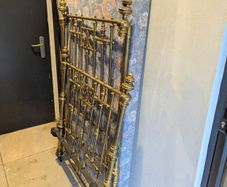 Victorian single brass bed including side rails, base and deep mattress