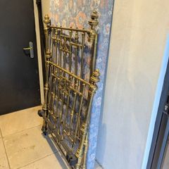 Victorian single brass bed including side rails, base and deep mattress