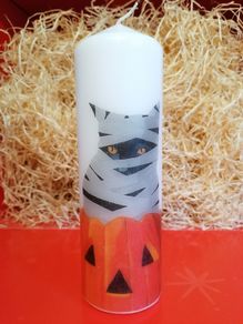 Large brand new decorative halloween candle mummy cat pumpkin