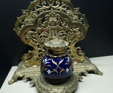 Antique Victorian Inkwell Set  Ornate Brass & Hand Painted Glass c. late 1800s