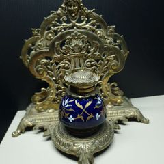 Antique Victorian Inkwell Set  Ornate Brass & Hand Painted Glass c. late 1800s