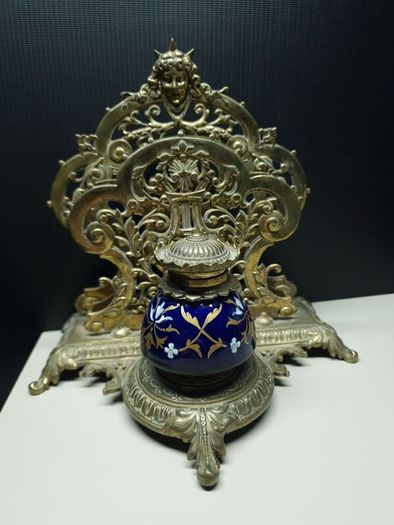 Antique Victorian Inkwell Set  Ornate Brass & Hand Painted Glass c. late 1800s