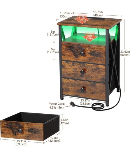 Bedside Table Set of 2 with Charging Station