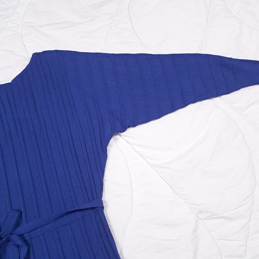 Monsoon Royal Blue Ribbed Knit Long Sleeve Tie Waist Fit & Flare Midi Dress Size S