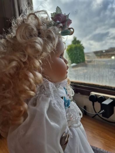 Vintage Irish Porcelain Doll with Flower Wreath and Pinwheel Vintage