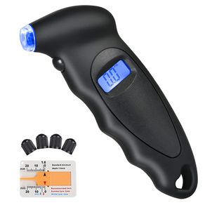 Tyre Pressure Gauge, 4 Ranges Digital Inflator Tyre with Tyre Tread Depth Gauge and 4 Pcs Valve Caps, Backlight LCD Display 150 PSI ABS Non-Slip Grip for Car, Truck, Bicycle, Motorcycles