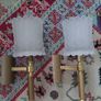 Antique French 20th century brass and 6 opaline glass Chandelier, plus two wall lights, 1970s Image 5