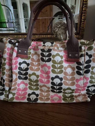 Orla Kiely Pink Green Tan Ivory Floral Stem Oilcloth Crossbody Bag