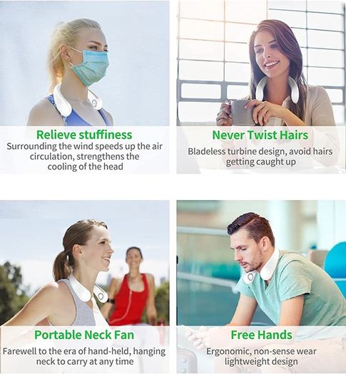 Portable Neck Fan Bladeless Hands Free Usb Rechargeable Battery Operated Neck Fans with 360 Degree Cooling, 3 Speeds Personal Headphone Design Mini Small Leafless Fan for Men Women Adult Kids