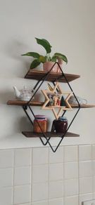 3 Tier Industrial Geometry Wood Floating Shelf Heavy Duty Hanging Wall Mounted Unit