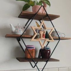 3 Tier Industrial Geometry Wood Floating Shelf Heavy Duty Hanging Wall Mounted Unit