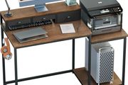 120cm Computer Desk with 3 Drawers, Printer Shelf and Monitor Stand Walnut Wooden Brown Home Office Desk with Reversible Storage Shelves and 2 Hooks, Workstation for PC Study Writing Gaming