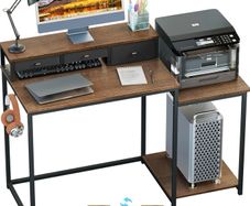 120cm Computer Desk with 3 Drawers, Printer Shelf and Monitor Stand Walnut Wooden Brown Home Office Desk with Reversible Storage Shelves and 2 Hooks, Workstation for PC Study Writing Gaming