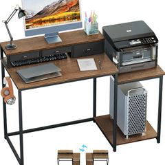 120cm Computer Desk with 3 Drawers, Printer Shelf and Monitor Stand Walnut Wooden Brown Home Office Desk with Reversible Storage Shelves and 2 Hooks, Workstation for PC Study Writing Gaming
