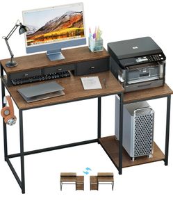 120cm Computer Desk with 3 Drawers, Printer Shelf and Monitor Stand Walnut Wooden Brown Home Office Desk with Reversible Storage Shelves and 2 Hooks, Workstation for PC Study Writing Gaming