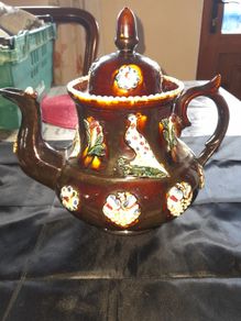 Antique Huge Measham Barge Ware Teapot circa 1890s Victorian English Treacle Glaze