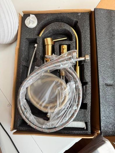 Bath mixer tap with shower attachment. Brass gold. Deck mounting 4 holes.