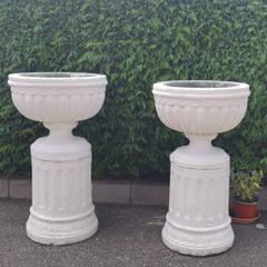 Sandstone Royale Urn On Round Plinth Painted White (x2)