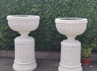 Sandstone Royale Urn On Round Plinth Painted White (x2)