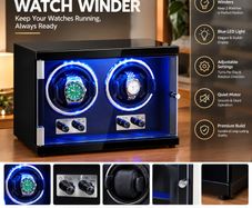 Automatic Dual Watch Winder with 2 Super Quiet Japanese Mabuchi Motors, Blue LED Light and Adapter, High-Density Board Shell
