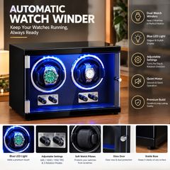 Automatic Dual Watch Winder with 2 Super Quiet Japanese Mabuchi Motors, Blue LED Light and Adapter, High-Density Board Shell